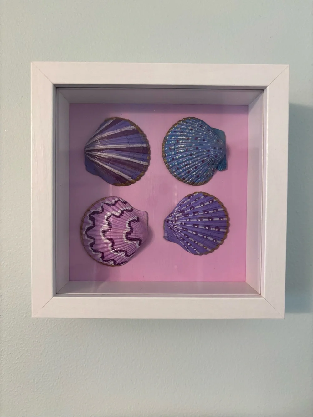 Hand crafted Sea Shell Shadow Box Wall Art - Lavender & pink